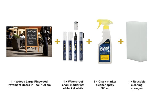 Securit® Woody Large Pinewood Pavement Board in Teak 120 cm Chalkboard Set – Board + Waterproof Markers + Cleaner | Hospitality Trade Pack - hospitality