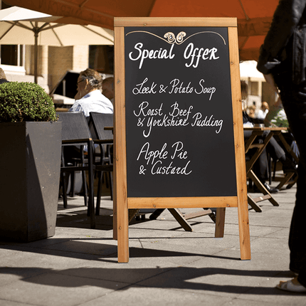 Securit® Woody Large Pinewood Pavement Board in Teak 120 cm Lit Pavement Sign Set – Board + LED Lamp + Wind Stopper + Markers | Hospitality Trade Pack - hospitality