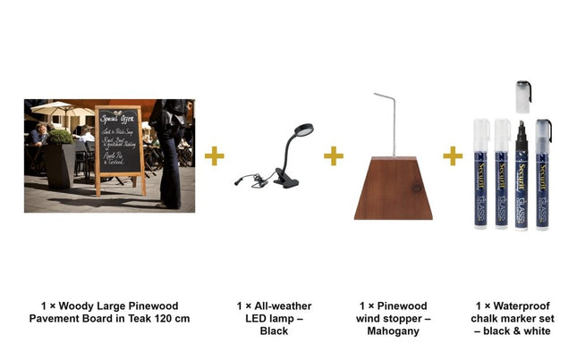 Securit® Woody Large Pinewood Pavement Board in Teak 120 cm Lit Pavement Sign Set – Board + LED Lamp + Wind Stopper + Markers | Hospitality Trade Pack - hospitality