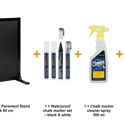 Securit® Woody Small Pavement Stand in Black 80 cm Chalkboard Set – Board + Waterproof Markers + Cleaner | Hospitality Trade Pack - hospitality
