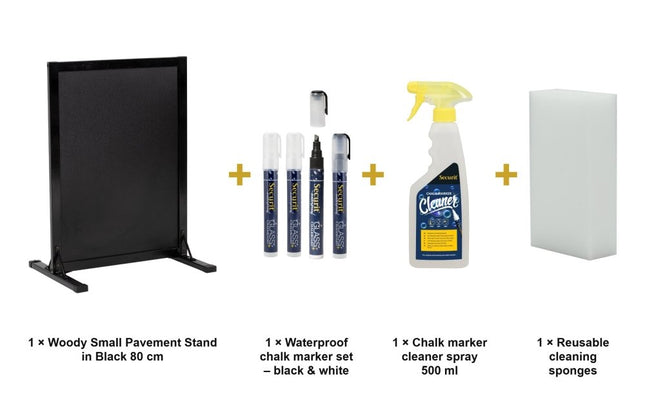 Securit® Woody Small Pavement Stand in Black 80 cm Chalkboard Set – Board + Waterproof Markers + Cleaner | Hospitality Trade Pack - hospitality