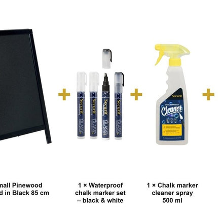 Securit® Woody Small Pinewood Pavement Board in Black 85 cm Chalkboard Set – Board + Waterproof Markers + Cleaner | Hospitality Trade Pack - hospitality