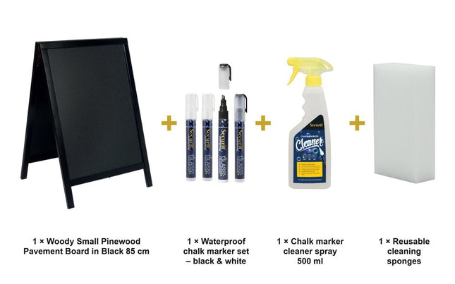 Securit® Woody Small Pinewood Pavement Board in Black 85 cm Chalkboard Set – Board + Waterproof Markers + Cleaner | Hospitality Trade Pack - hospitality