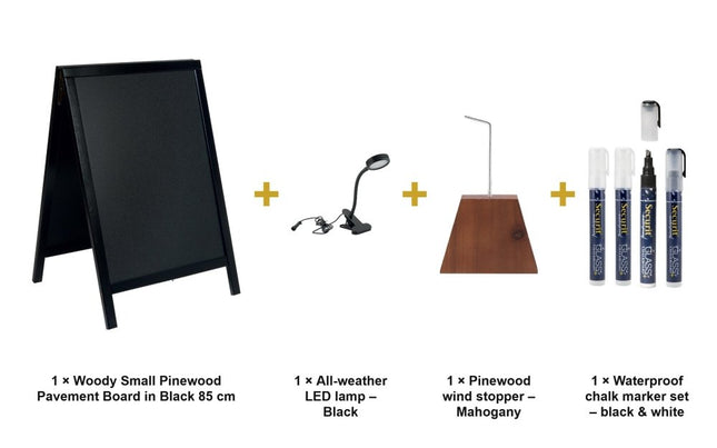 Securit® Woody Small Pinewood Pavement Board in Black 85 cm Lit Pavement Sign Set – Board + LED Lamp + Wind Stopper + Markers | Hospitality Trade Pack - hospitality