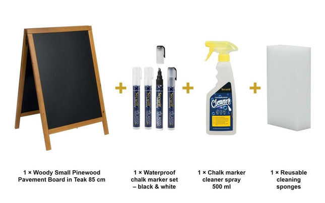 Securit® Woody Small Pinewood Pavement Board in Teak 85 cm Chalkboard Set – Board + Waterproof Markers + Cleaner | Hospitality Trade Pack - hospitality