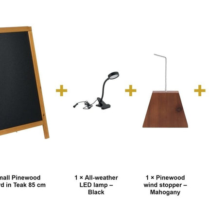 Securit® Woody Small Pinewood Pavement Board in Teak 85 cm Lit Pavement Sign Set – Board + LED Lamp + Wind Stopper + Markers | Hospitality Trade Pack - hospitality