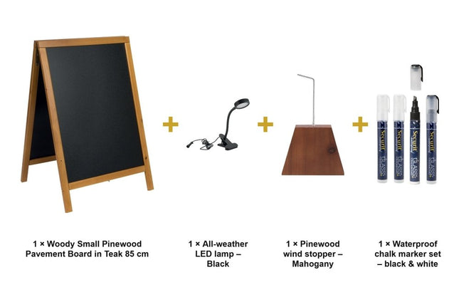 Securit® Woody Small Pinewood Pavement Board in Teak 85 cm Lit Pavement Sign Set – Board + LED Lamp + Wind Stopper + Markers | Hospitality Trade Pack - hospitality