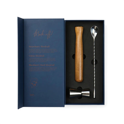 Story Of Mocktail Collection In Bookbound Gift Box With FSC Acacia Muddler And Stainless Steel Jigger - hospitality