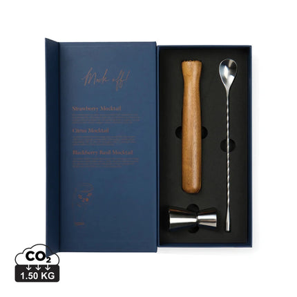 Story Of Mocktail Collection In Bookbound Gift Box With FSC Acacia Muddler And Stainless Steel Jigger - hospitality