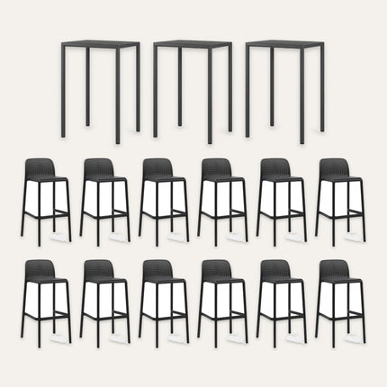 Nardi 'Coal Quay' High Bar Terrace Set – 3 Piave 70 High Tables and 12 Lido Bar Stools in Anthracite (12 Standing Covers) | Hospitality Trade Pack – what is in the set
