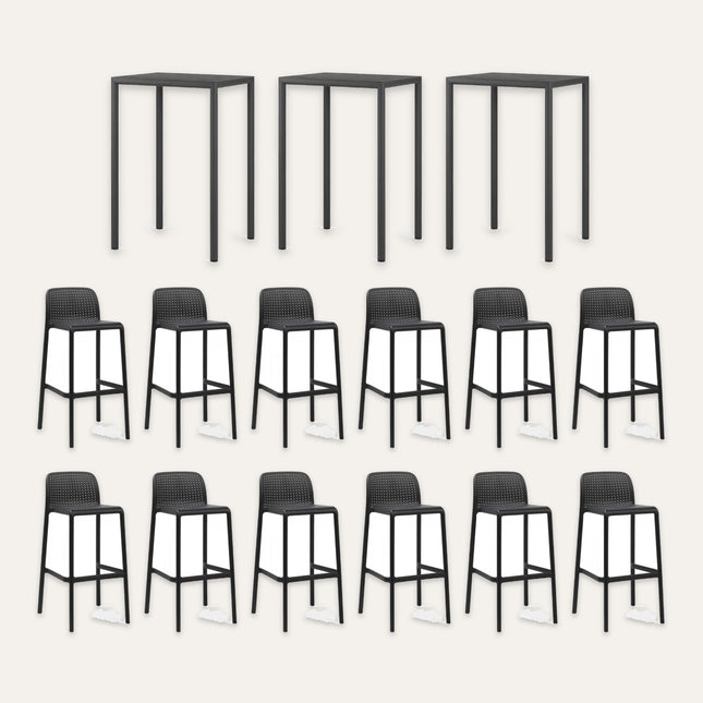 Nardi 'Coal Quay' High Bar Terrace Set – 3 Piave 70 High Tables and 12 Lido Bar Stools in Anthracite (12 Standing Covers) | Hospitality Trade Pack – what is in the set