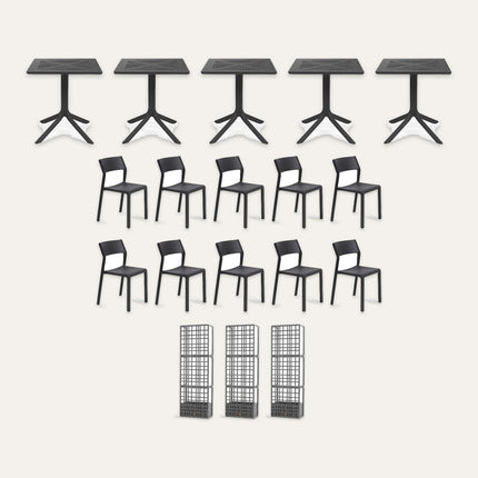 Nardi 'Dame Lane' Screened Street Terrace Set – 5 Clip 70 Tables, 10 Trill Bistrot Chairs and 3 ReGen Sipario 3 Partitions in Anthracite (10 Covers) | Hospitality Trade Pack – what is in the set