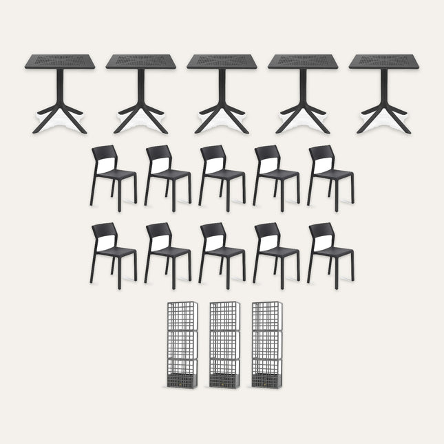 Nardi 'Dame Lane' Screened Street Terrace Set – 5 Clip 70 Tables, 10 Trill Bistrot Chairs and 3 ReGen Sipario 3 Partitions in Anthracite (10 Covers) | Hospitality Trade Pack – what is in the set