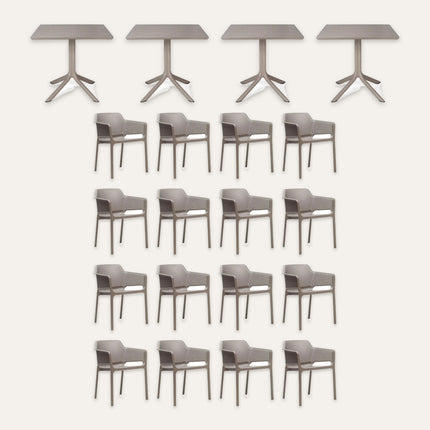 Nardi 'Dún Laoghaire Pier' Net Terrace Set – 4 Clip 80 Tables and 16 Net Chairs in Tortora (16 Covers) | Hospitality Trade Pack – what is in the set