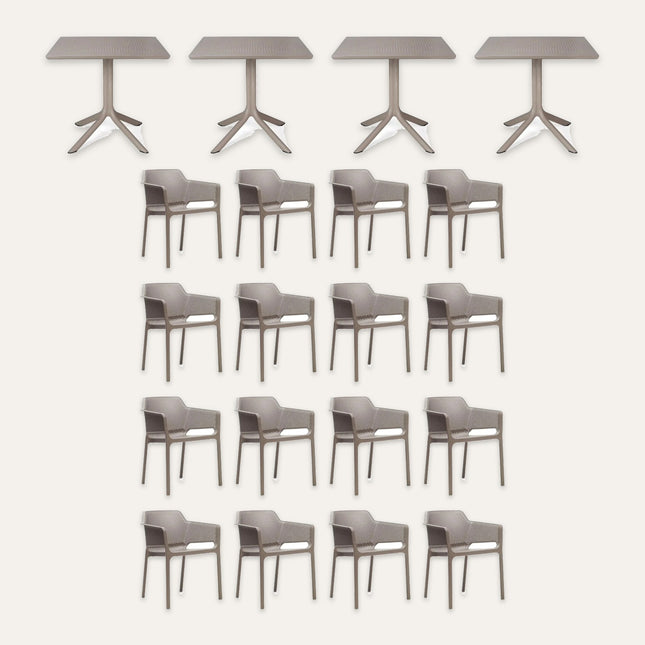 Nardi 'Dún Laoghaire Pier' Net Terrace Set – 4 Clip 80 Tables and 16 Net Chairs in Tortora (16 Covers) | Hospitality Trade Pack – what is in the set