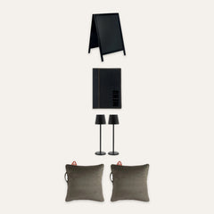 Securit 'Street Front' Street Terrace Front-of-House Set – Pavement Chalkboard, 10 A5 Menu Holders, 12 Wireless Table Lamps and 10 Heat Pad Cushions | Hospitality Trade Pack – what is in the set