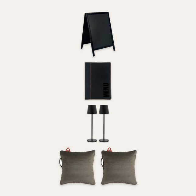 Securit 'Street Front' Street Terrace Front-of-House Set – Pavement Chalkboard, 10 A5 Menu Holders, 12 Wireless Table Lamps and 10 Heat Pad Cushions | Hospitality Trade Pack – what is in the set