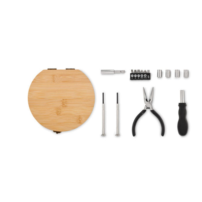 15-piece wooden tool set by Custom Wood Designs in a bamboo case, displayed with branded logo visible.