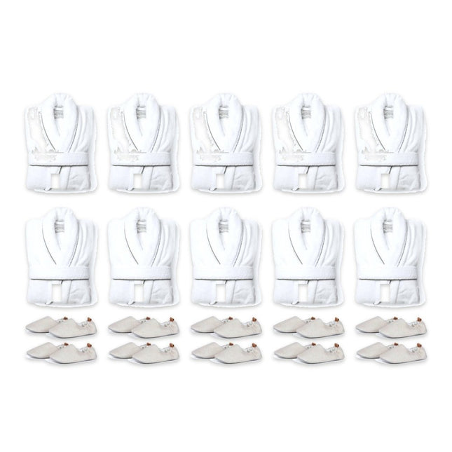 Vinga 'Burren White' Harper Cotton Bathrobe & Moulton Slipper Room Set – 10 Rooms (5 S/M + 5 L/XL Robes, 10 Pairs of Slippers) | Hospitality Trade Pack - CWDH