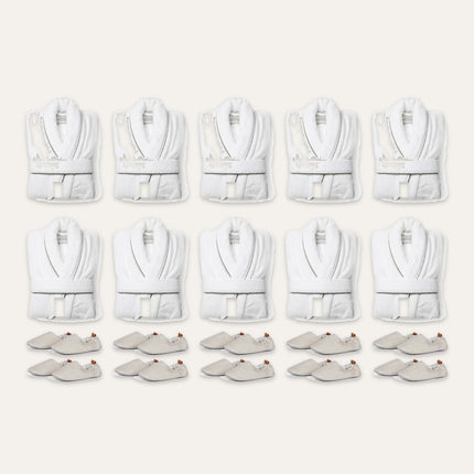 Vinga 'Burren White' Harper Cotton Bathrobe & Moulton Slipper Room Set – 10 Rooms (5 S/M + 5 L/XL Robes, 10 Pairs of Slippers) | Hospitality Trade Pack – what is in the set