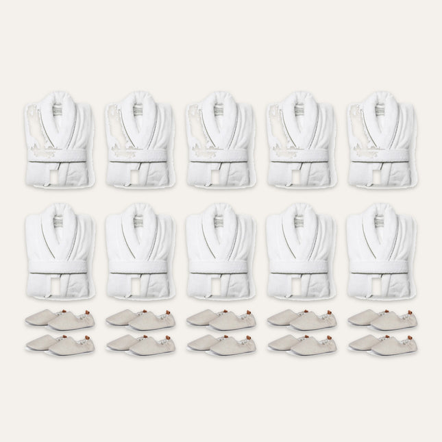 Vinga 'Burren White' Harper Cotton Bathrobe & Moulton Slipper Room Set – 10 Rooms (5 S/M + 5 L/XL Robes, 10 Pairs of Slippers) | Hospitality Trade Pack – what is in the set