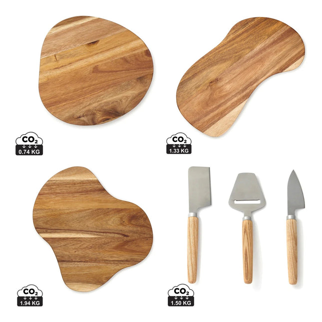 Vinga Veia Acacia Grazing Board Set – 6 Boards + Cheese Knives – set contents