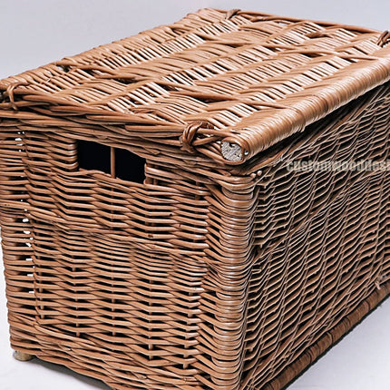 Large wicker hamper basket with black fabric lining, 40x30x30cm, by Custom Wood Designs, showing sturdy woven wicker construction.