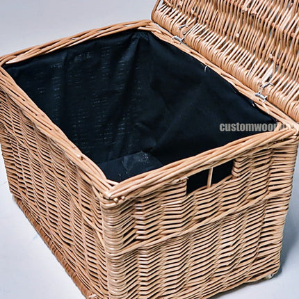 Large wicker hamper basket with black fabric lining, measuring 40x30x30cm, by Custom Wood Designs.