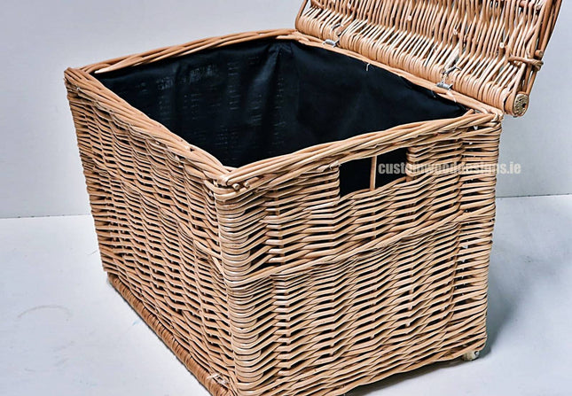 Large wicker hamper basket with black fabric lining, measuring 40x30x30cm, by Custom Wood Designs.