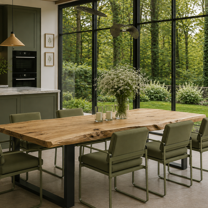 Rustic Live Edge solid oak dining table for hotels, restaurants and offices – made to order, logo engraving available
