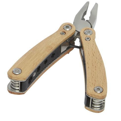 Set of 12-function medium wooden multi-tools by Custom Wood Designs, displayed with their natural wood finish and branding.